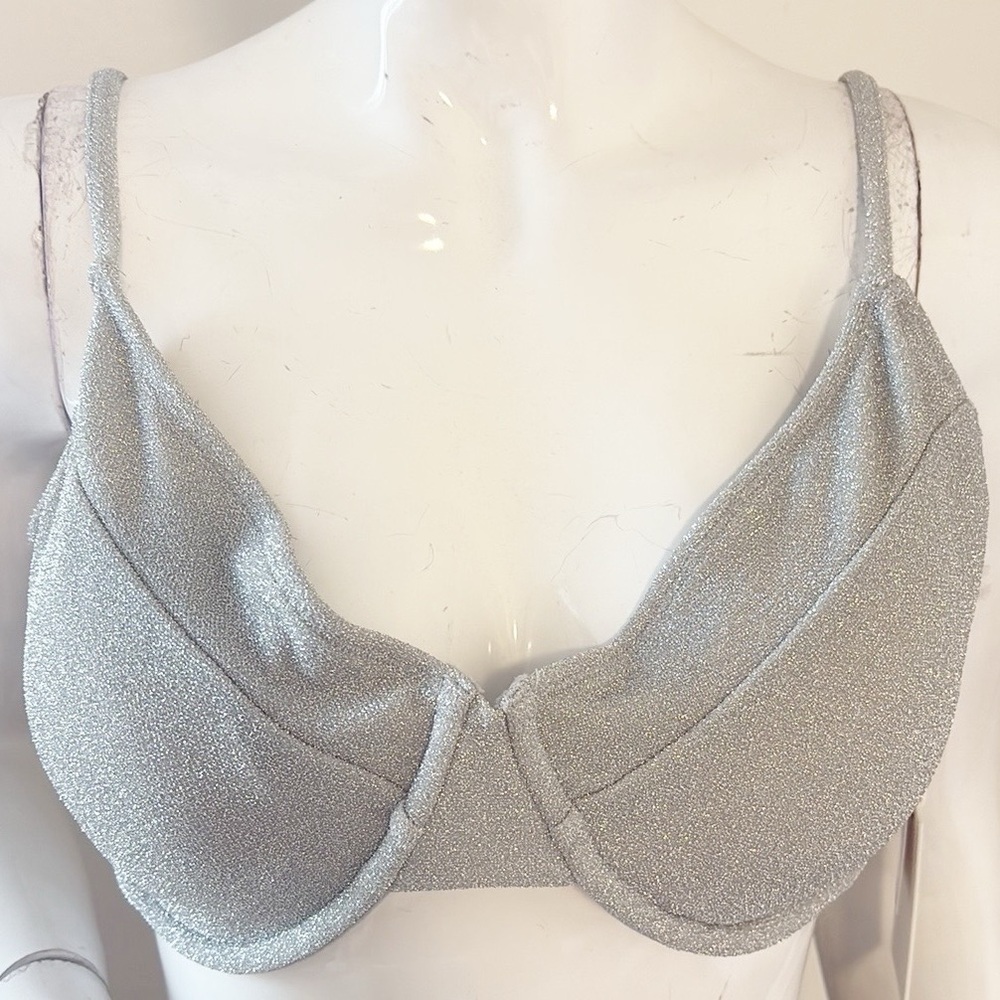 Good American Sparkle Better Silver Glitter Demi Bra Style Full Cup Bikini Top